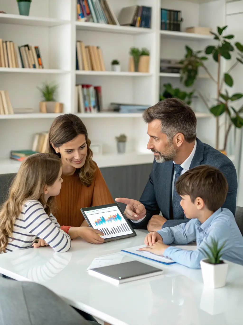 A modern American family discussing their life insurance options with a financial advisor in a bright, comfortable office.