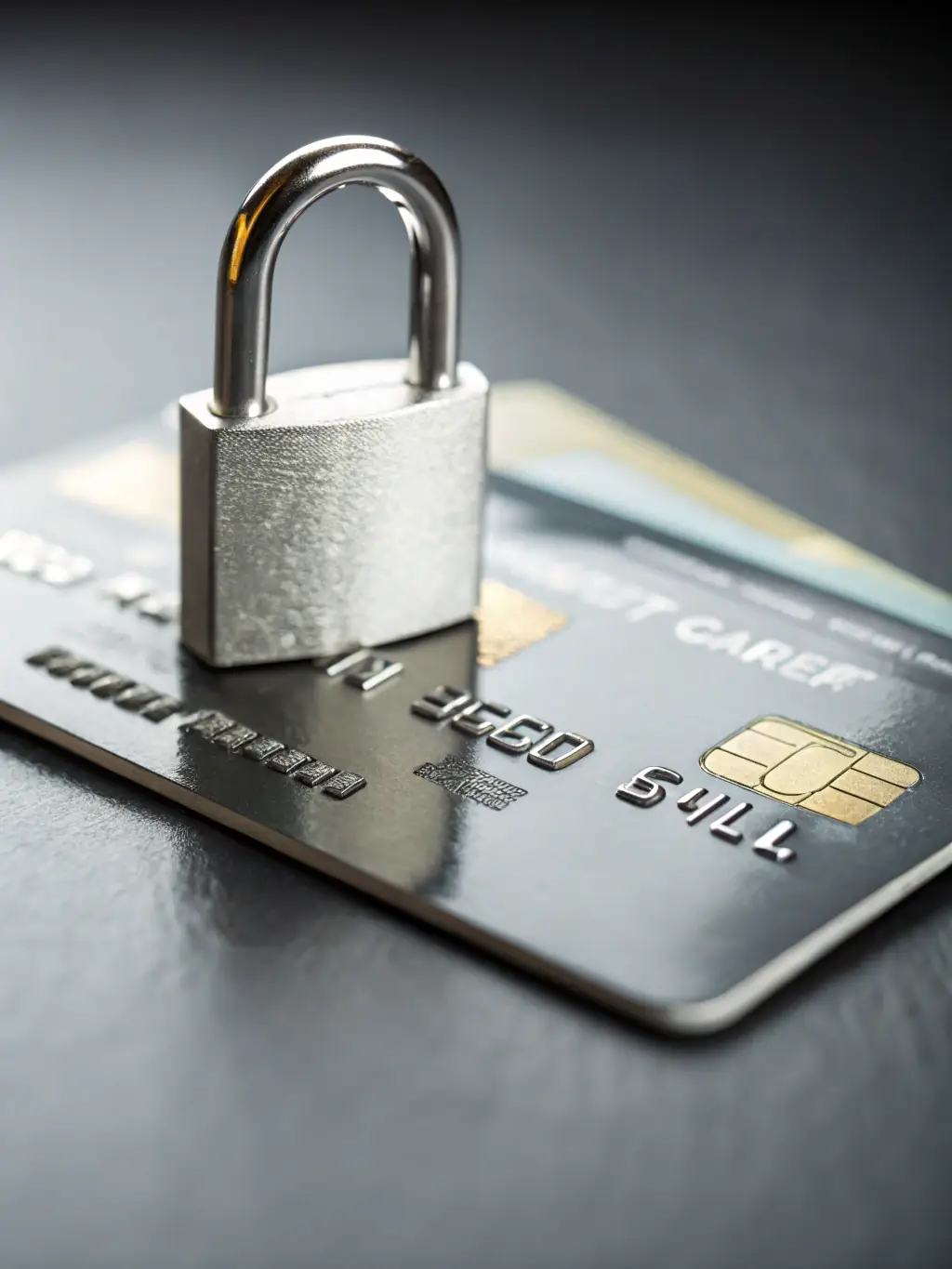 A close-up of a credit card with the American flag subtly in the background, representing credit and debt management in the USA.